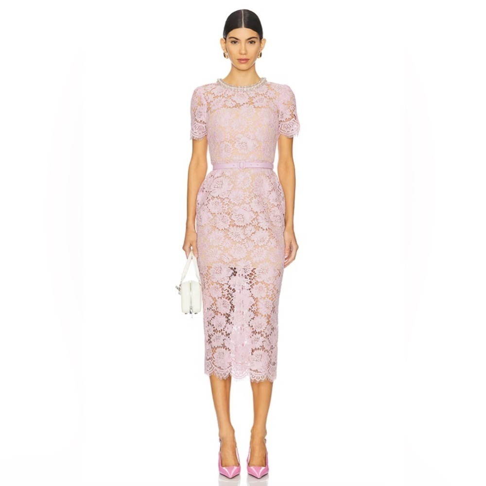 NEW Self-Portrait Fine Lace Pearl Midi Dress in Pink | UK 8 / US 4 - Picture 4 of 15